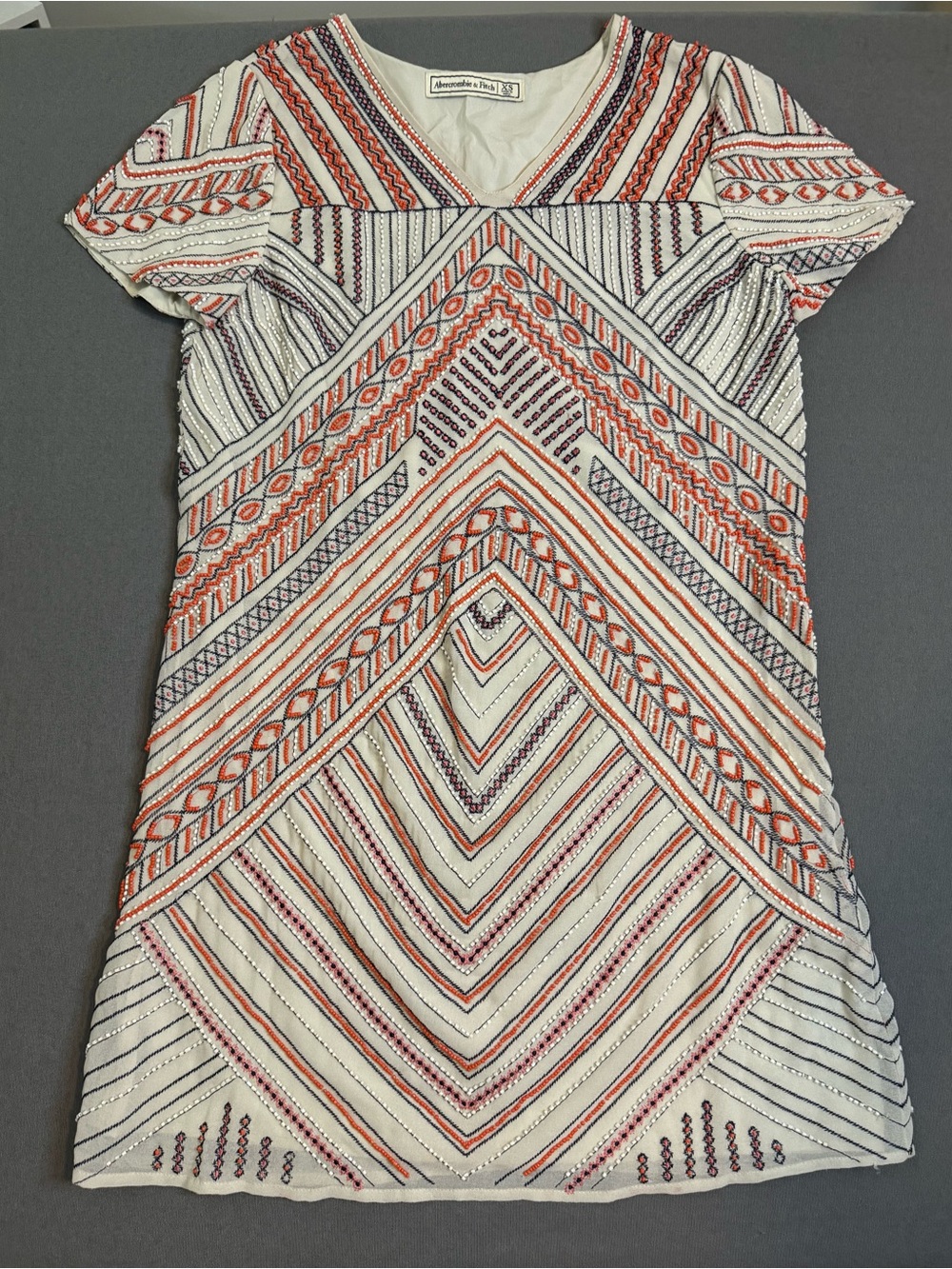 Abercrombie & Fitch Women's Shift Dress Orange & White Beading with Navy Detail